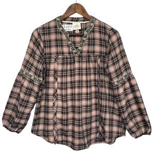 Knox Rose‎ Boho Top Women Size M Pink Black Plaid Split Neck Long Sleeve Rayon